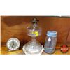 Image 1 : Collector Combo: Clear Glass Oil Lamp - Pedestal Base (Chipped/No Chimney); Westclox Alarm Clock & C