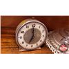 Image 2 : Collector Combo: Clear Glass Oil Lamp - Pedestal Base (Chipped/No Chimney); Westclox Alarm Clock & C