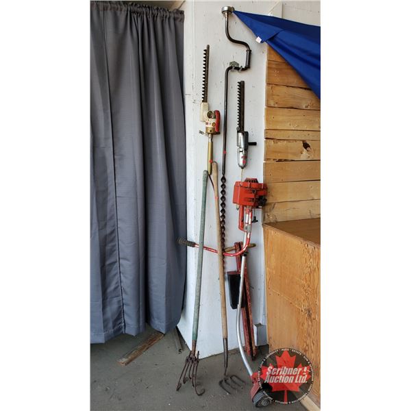 Garden Tools Incl: Hedge Trimmers, Gas Powered Weed Eater, Garden Fork, Scuffler, etc (See Pics)