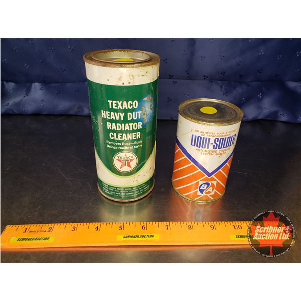 Collector Combo Tins (2) Both Full : Texaco Heavy Duty Radiator Cleaner Tin (6-1/2"H x 3"Dia) & Liqu