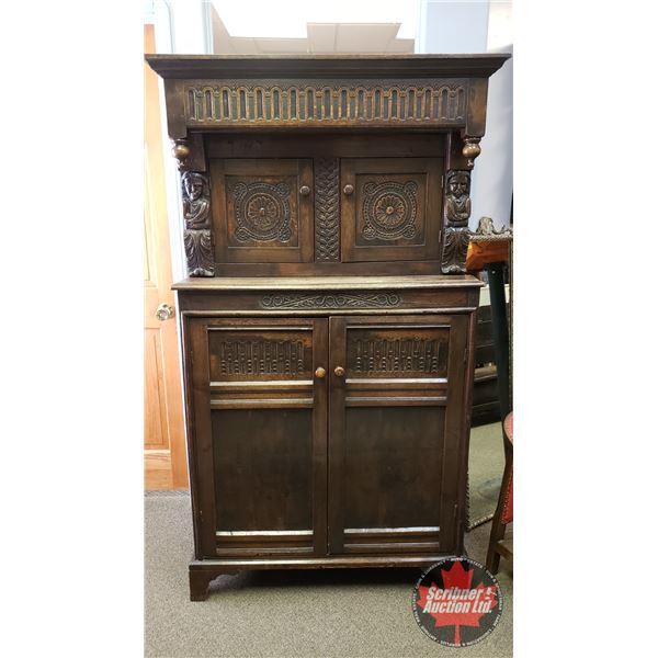 Antique English Sideboard Cabinet - Man / Woman : Carved) (70"H x 39"W x 22"D) (Believe this item to