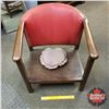 Image 1 : Antique Chair "Too Short" : Red Upholstered Back w/Small Round Cushion (24"H to top of Back x 22"W x