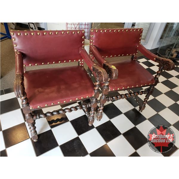 Pair of Henry VIII Jacobean Twist Parlor Arm Chairs (Red Leather) (33"H x 24"W x 18"D Seat)