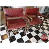 Image 1 : Pair of Henry VIII Jacobean Twist Parlor Arm Chairs (Red Leather) (33"H x 24"W x 18"D Seat)