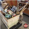 Image 1 : Crate Lot: Antiques, Tins, Tools, Disassembled Wooden Chair, Lanterns, Washboard, Much More! (See Pi