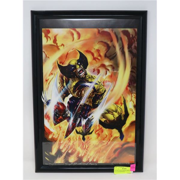 FRAMED WOLVERINE PRINT, SIGNED HUGH ROOKWOOD