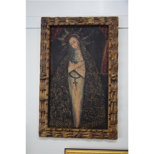 FRAMED OIL ON CANVAS,   BLESSED MOTHER OF JESUS  (ORIGINAL FRAME) (29 3/4  X 19 ) (FROM REV. CLARENC