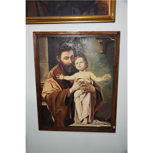 FRAMED OIL ON CANVAS BOARD,  ST. JOSEPH WITH CHILD JESUS ; SIGNED BROTHER PATRICK HUGHES, SS.CC, (FR