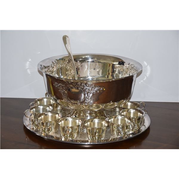 ONEIDA STAINLESS PUNCHBOWL W/EMBOSSED FLORAL DESIGN, CUPS, LADDLE & TRAY (15 PCS) (FROM REV. CLARENC