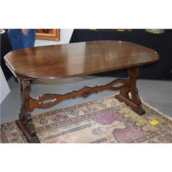 WOOD TABLE ORNATELY CARVED W/FOLDING SIDES & TRESTLE LEGS (30  X 59 1/2 ) (FROM REV. CLARENCE GUERRE