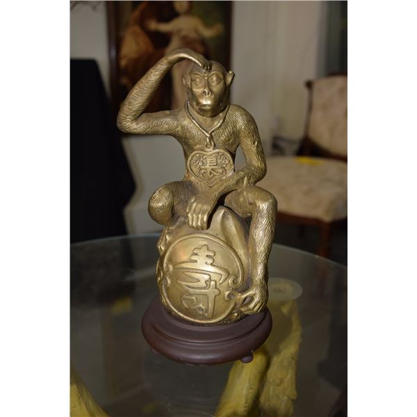 BRASS MONKEY STATUE ON WOOD BASE (FROM REV. CLARENCE GUERREIRO COLLECTION)