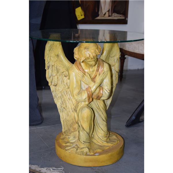 TABLE WITH ANGEL FIGURE BASE & ROUND GLASS TOP (20" D) (FROM REV. CLARENCE GUERREIRO COLLECTION)