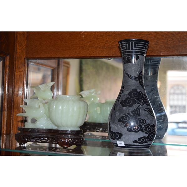 CHINESE SERPENTINE CARVING W/CUSTOM STAND & ETCHED STONE VASE (2 PCS)