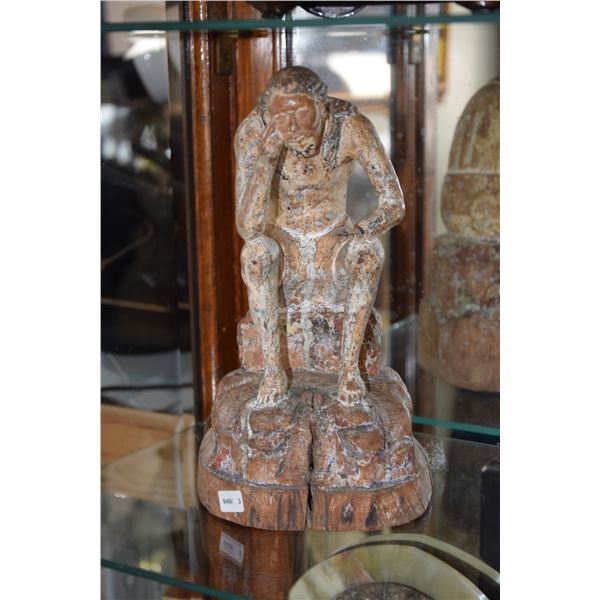 OLD CARVED WOODEN  THINKER  STATUE