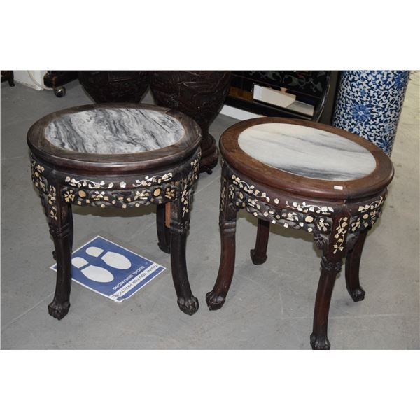 CHINESE HARDWOOD SIDE TABLES W/MARBLE TOPS & MOTHER OF PEARL INLAY (2 PCS) (DOWRY GIVEN TO CONVENT) 