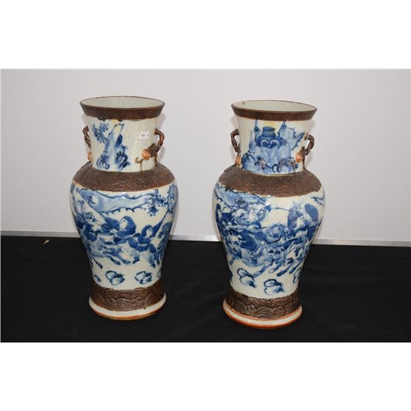 CHINESE BLUE, WHITE & BROWN VASES (PAIR)