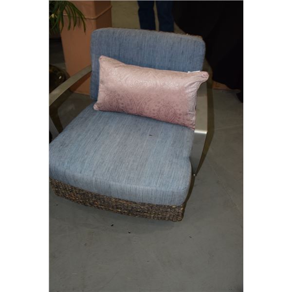 MODERN ARM CHAIRS WITH RAFFIA, METAL & UPHOLSTERED CUSHIONS (PAIR)