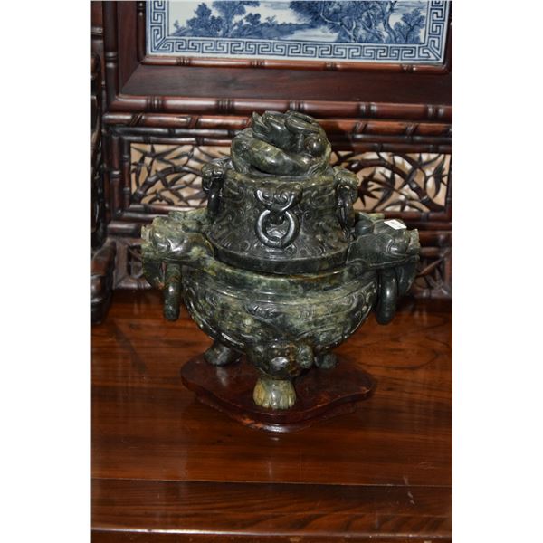LARGE JADE CENSER WITH FU DOG MOTIF & CUSTOM STAND