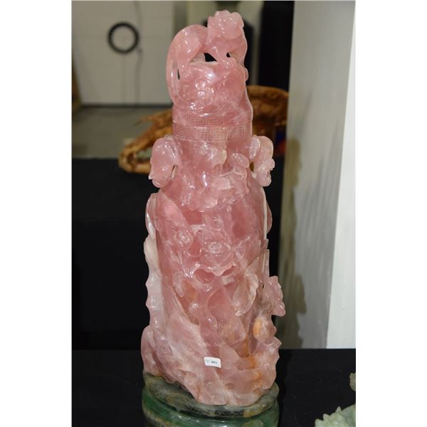 CHINESE ROSE QUARTZ EXTRAVAGANTLY CARVED LIDDED VASE ON GREEN STONE BASE