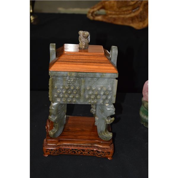 LARGE JADE ARCHAIC BRONZE FORM CENSER W/WOODED LID & FINIAL