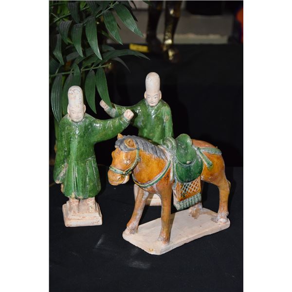 SANCAI GLAZED TANG FIGURES, 2 MEN & HORSE (3 PCS)