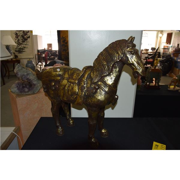 LARGE CHINESE GILT METAL ORNAMENTAL HORSE STATUES (PAIR) (24-1/2" H) (GIVEN TO REV. CLARENCE GUERREI