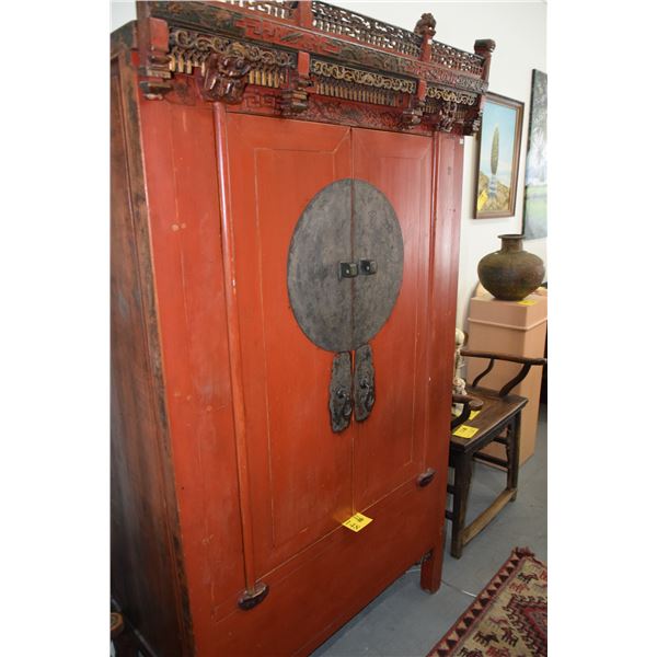 CHINESE RED LACQUER ARMOIRE WITH CROWN (67" H  X 39 1/2" W X 25 1/2" D, 72" H WITH CROWN)  (FROM REV