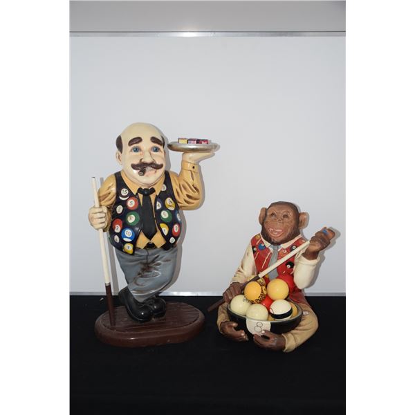 POOL PLAYER FIGURES, "MAN & MONKEY", W/POOL BALLS & CHALK