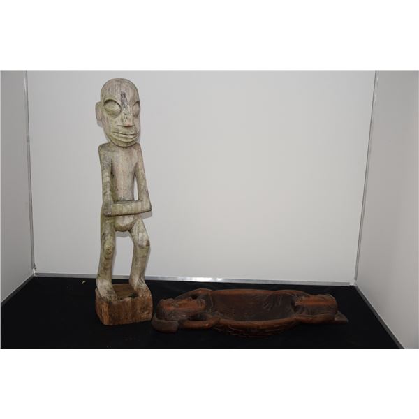 CARVED FIGURE (24" H) & CARVED BOWL (9" X 19") (2 PCS)