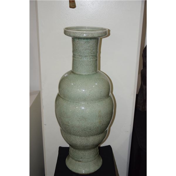 LARGE CRACKLE GLAZE CELEDON VASE (27 1/2" H)