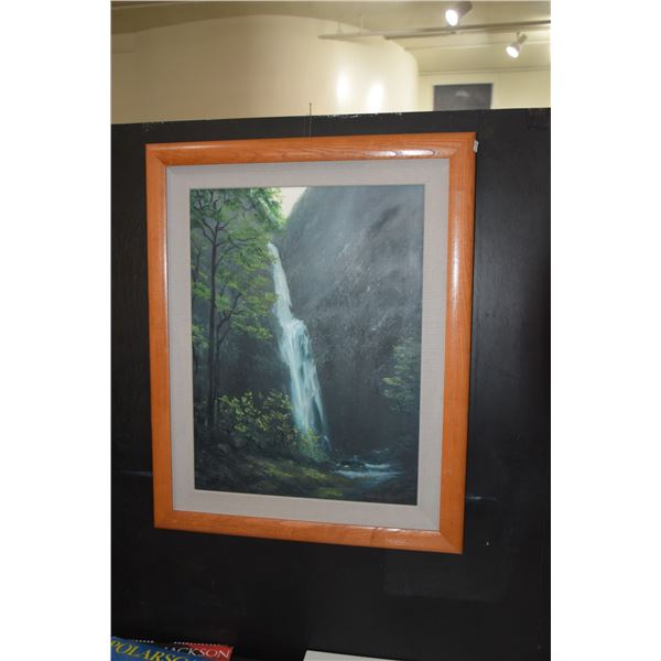 FRAMED PAINTING ON CANVAS, "HAWAIIAN WATERFALL", SIGNED RAYMOND BARRETT