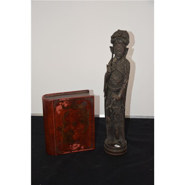 CARVED WOOD CHINESE KWAN YIN & CHINESE BOX W/DRAGON MOTIF (17" H) (2 PCS)