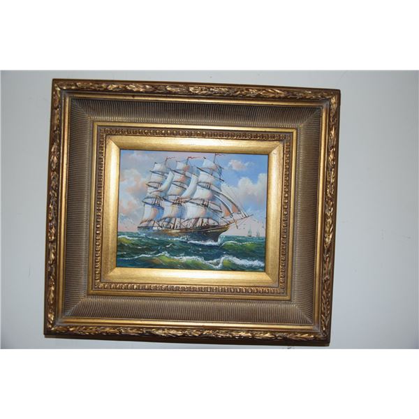 FRAMED OIL ON BOARD, "TALL SHIP" (16" X 18")