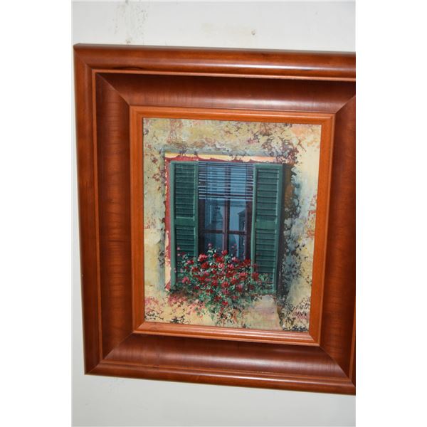 FRAMED OIL ON CANVAS, "WINDOW WITH FLOWERS"  (13" X 15")