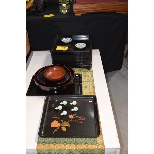 JAPANESE MIX LOT: LACQUER TRAYS, DISHES, STANDS & CHOPSTICK RESTS (18 PCS)