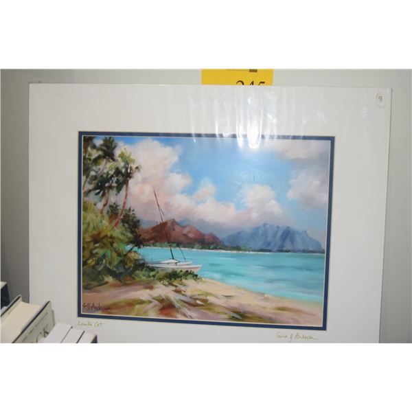 MATTED "LANIKAI CAT" BY SUSIE ANDERSON, SIGNED PRINT (16" X 20")