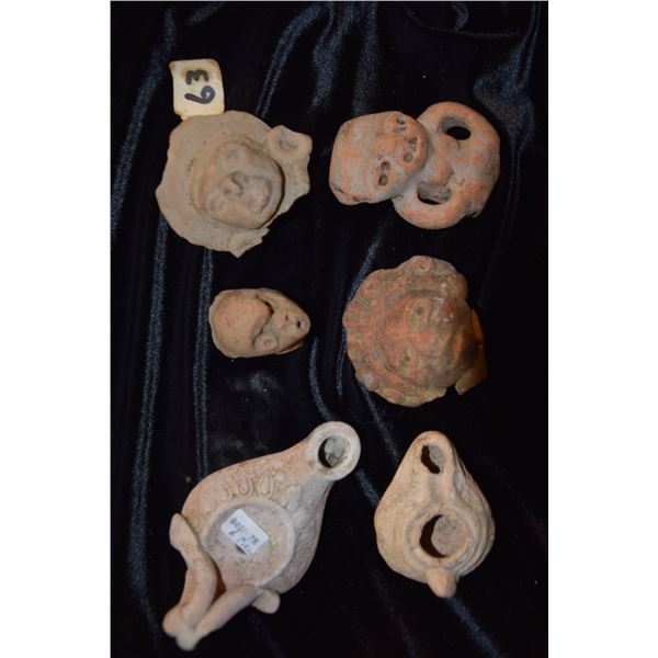 4 ANCIENT CLAY FIGURES, 2 ANCIENT CLAY LAMPS (6 PCS)