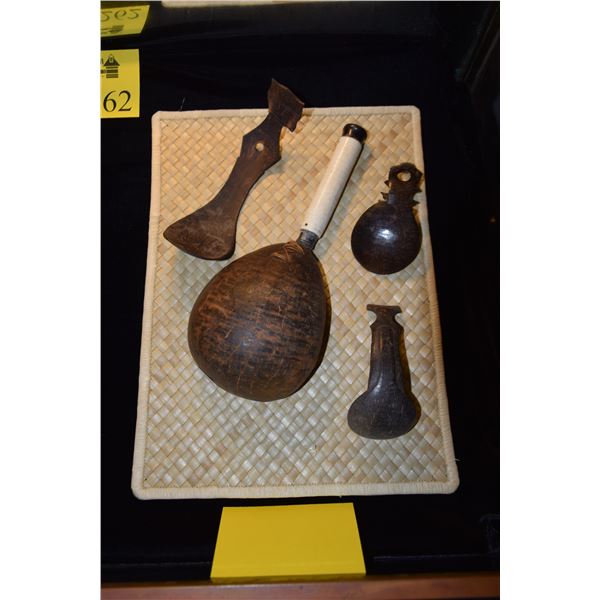 3 COCONUT SPOONS & 1 COCONUT LADLE (BROKEN HANDLE) - PACIFIC ISLANDS