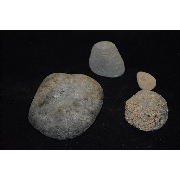 PRE-CONTACT HAWAIIAN STONES, LARGE HAMMER STONE W/THUMB INDENTIONS, CRUDE FISHING WEIGHT STONE W/MIC