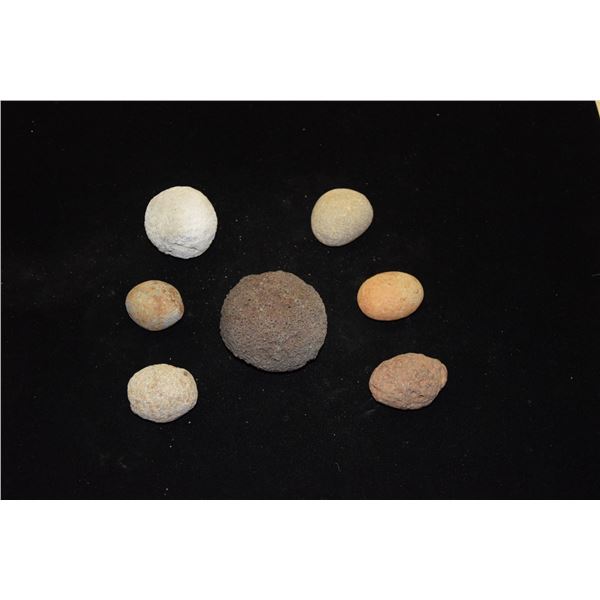 PRE-CONTACT HAWAIIAN STONES, 5 SLING STONES, 2 BALL THROWING STONES (7 PCS)