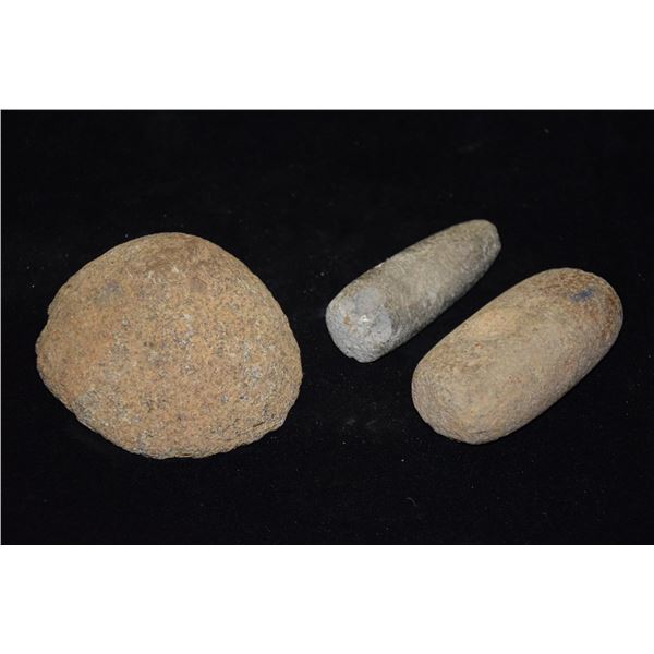 PRE-CONTACT CANOE ABRADER (5"), PRE-CONTACT HAWAIIAN HAMMER STONE, (4 1/2"), PRE-CONTACT BIRD STONE 