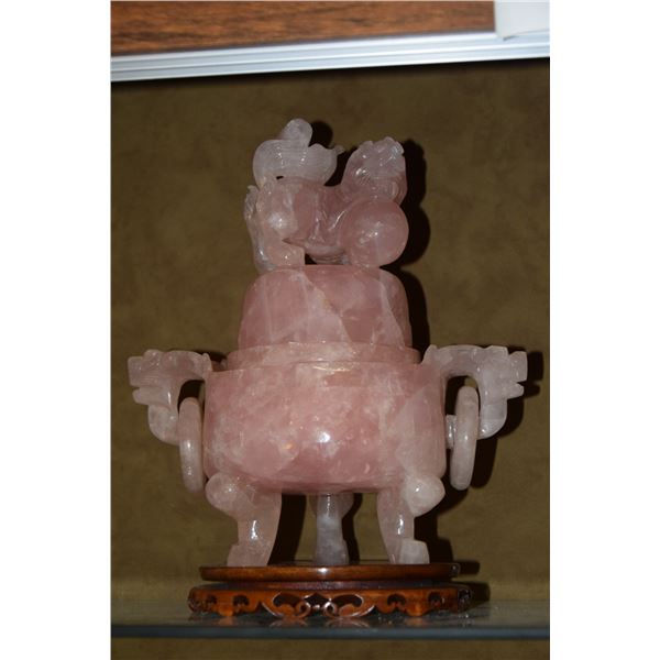 CHINESE ROSE QUARTZ INCENSE POT, CARVED FU DOG LID WITH STAND (10 1/2")