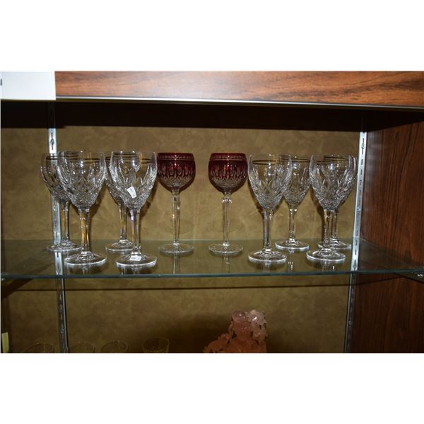 WATERFORD CRYSTAL STEMWARE (ARAGLIN PATTERN) & 2 RED/CLEAR WATERFORD GOBLETS (FROM UNITED AIRLINES H