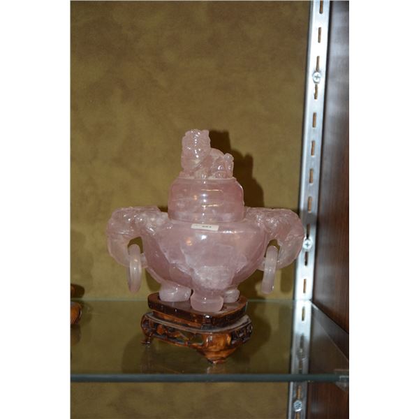 ROSE QUARTZ FU DOG CENSER W/STAND