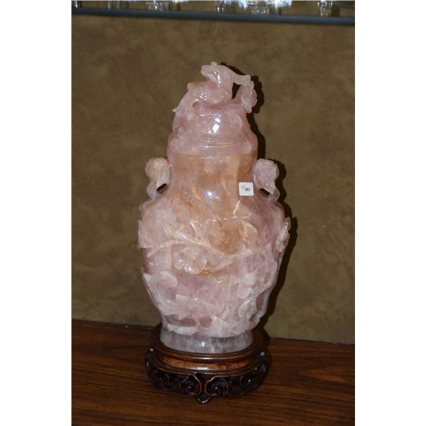 CHINESE ROSE QUARTZ LIDDED VASE ON STAND (13 1/2")