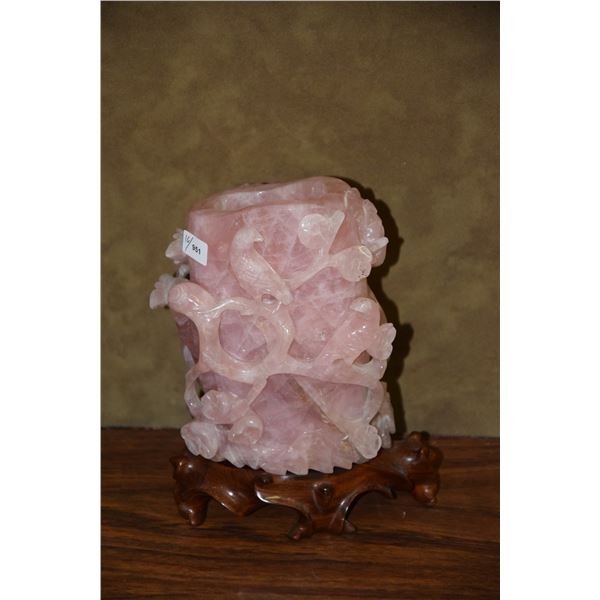 CHINESE ROSE QUARTZ VASE ON STAND (7 1/2")