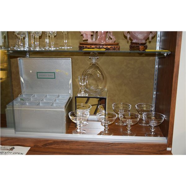 STEUBEN: 8 LIQUOR GLASSES (BOXED), 6 CHAMPAGNE GLASSES & ORREFORS DECANTER (15 PCS)