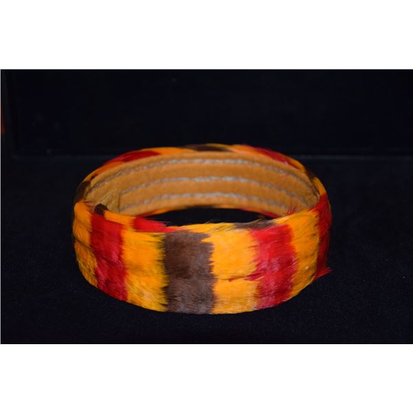 RED, GOLD & PURPLE FEATHER HAT BAND (DYED DUCK FEATHERS) (27 1/2" L X 1 1/2"W)