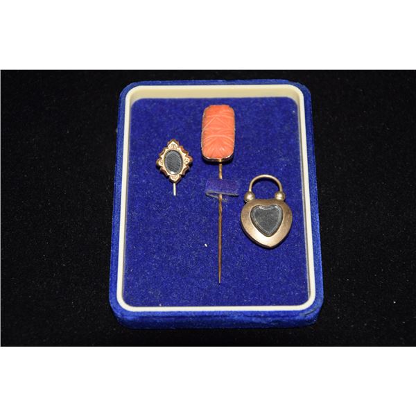 14K CORAL STICK PIN, VICTORIAN LOCKET & PIN (3 PCS)