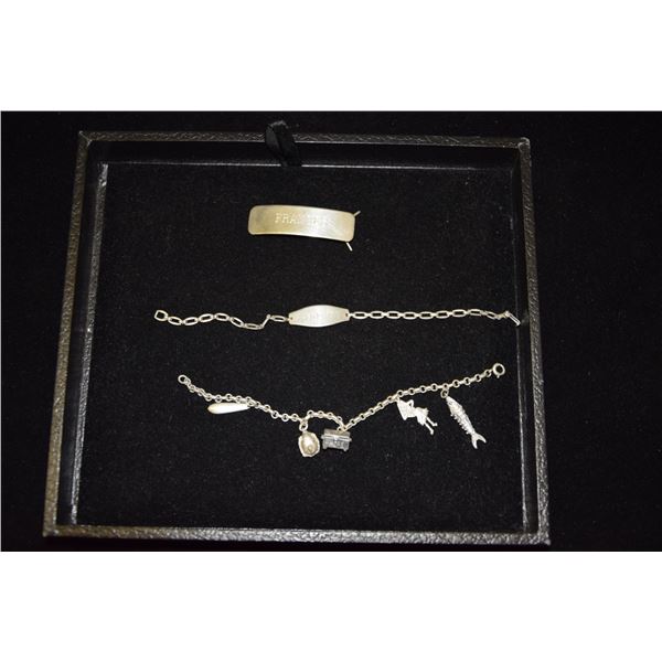 STERLING SILVER CHARM BRACELET, ID BRACELET & BARRETTE, (3 PCS)